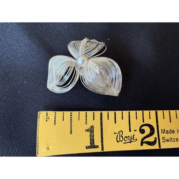 Vintage Spun Wire Jewelry Set Brooch Earrings Germany Pearl Flower Leaf MCM - Picture 4 of 7